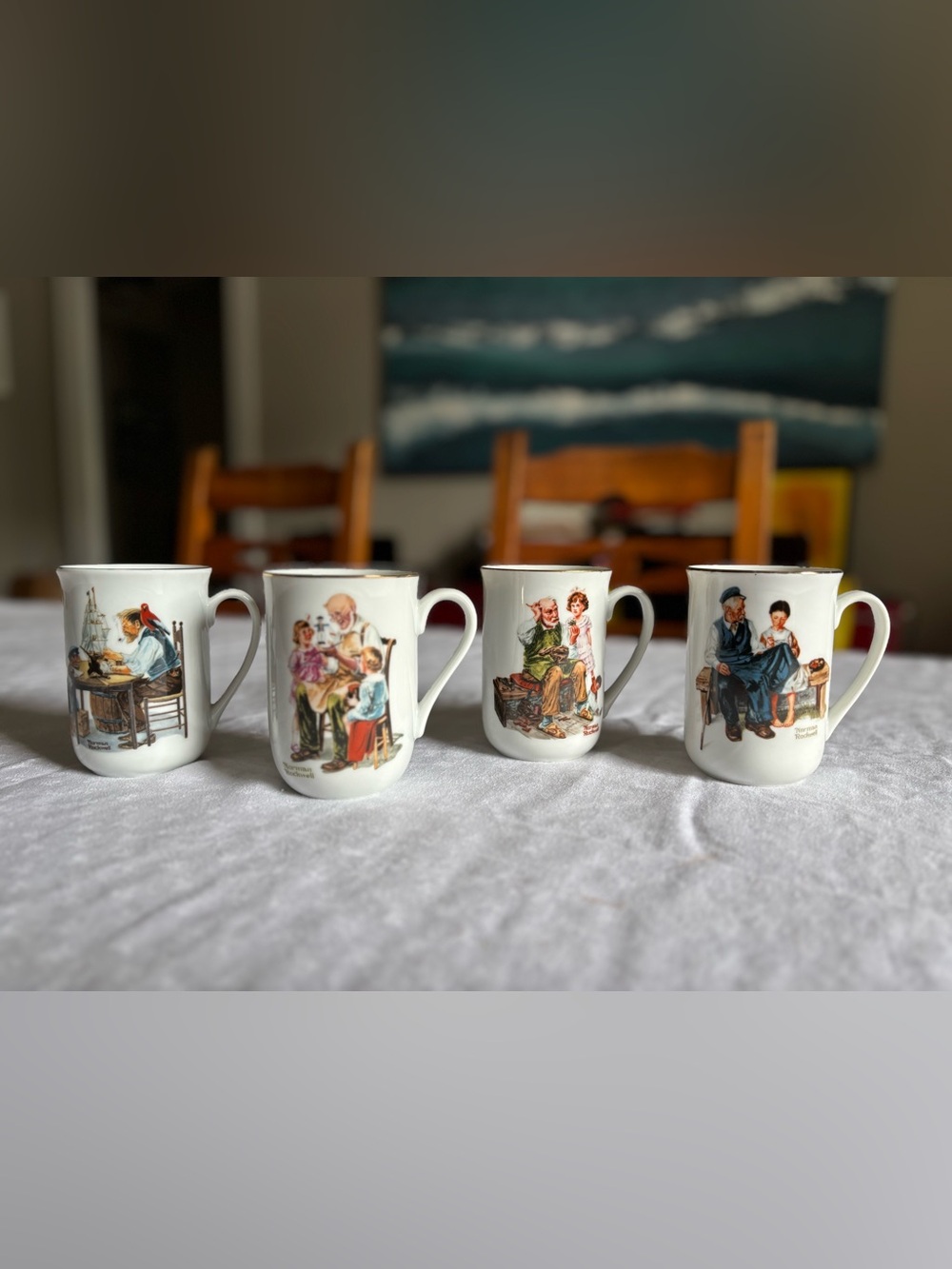 Norman Rockwell White Porcelain Coffee Mugs - Set of 4